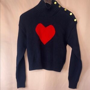 Navy Turtleneck Sweater with Red Heart and Gold Shoulder Buttons